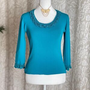 Vintage 90s Joseph A Teal Knit Crochet Trim Sweater Top Cottagecore Retro Size S